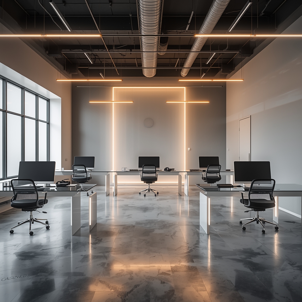 A high-end creative design agency studio interior, floating glass desks, neon accent lights, minimalist setup, 8k resolution, photorealistic
